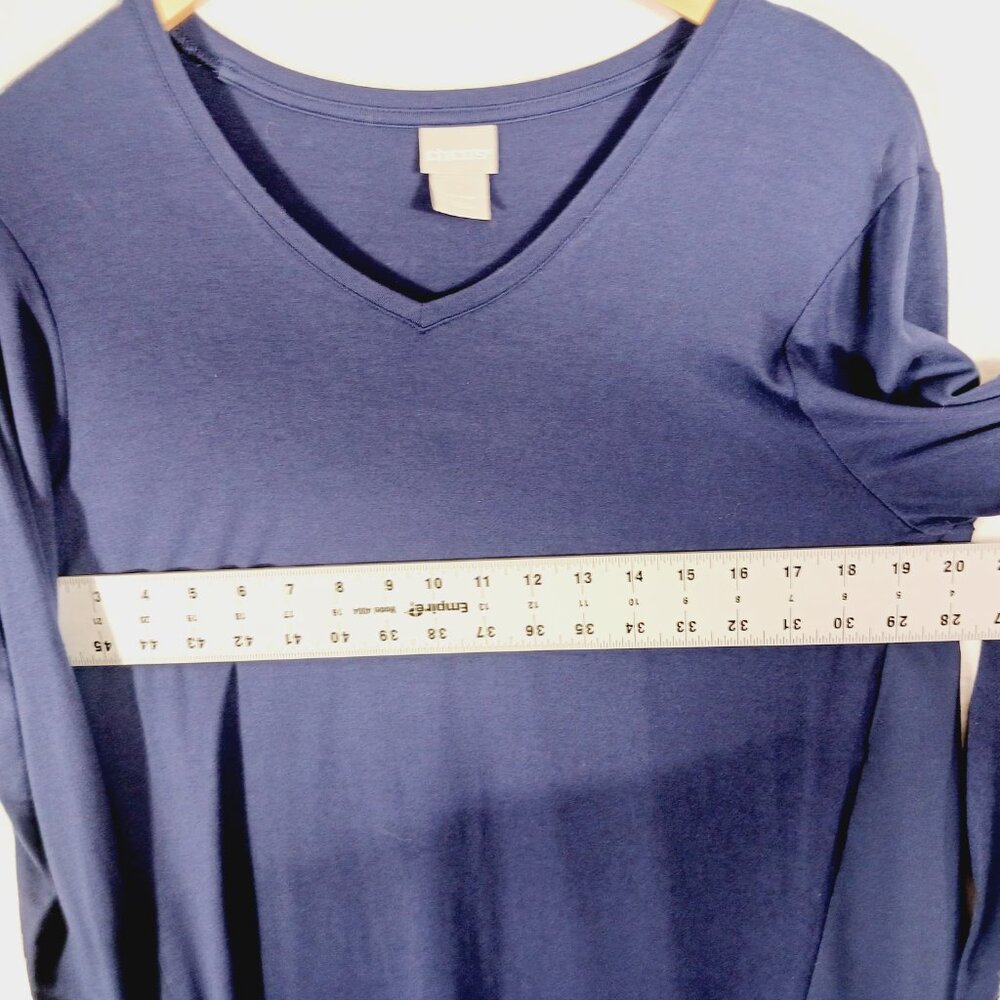 Chico's Navy Top Small, Mixed Media, Gorgeous Draped Back, High Low, Long Sleeve - Picture 7 of 14
